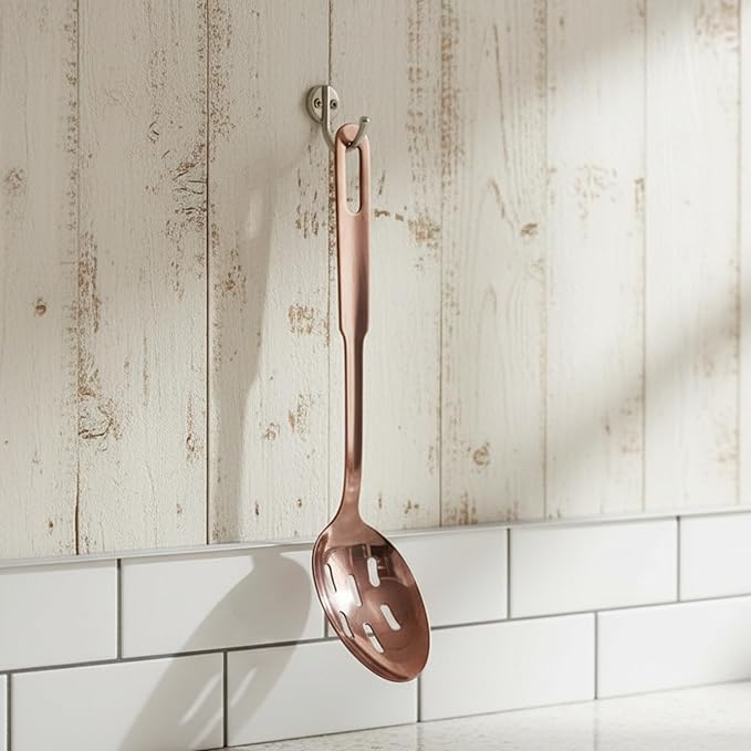 Amco 5-Piece Stainless Steel Cooking Utensil Set, Copper Finish - Includes Kitchen Ladle, Slotted Turner, Skimmer, Solid Spoons - 14" with Hanging Holes for Easy Storage, Durable Kitchen Gadgets