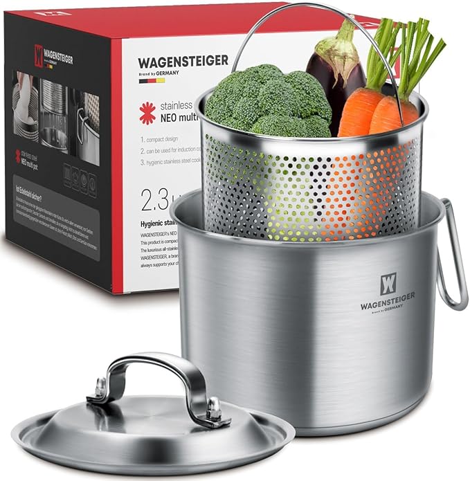 Stainless Steel Vegetable Egg Steamer Pot Saucepan Pasta Stovetop Cooker with Perforated Basket, Small Sized for Single or Double Servings (2.3Liter / 2.43Quarts)
