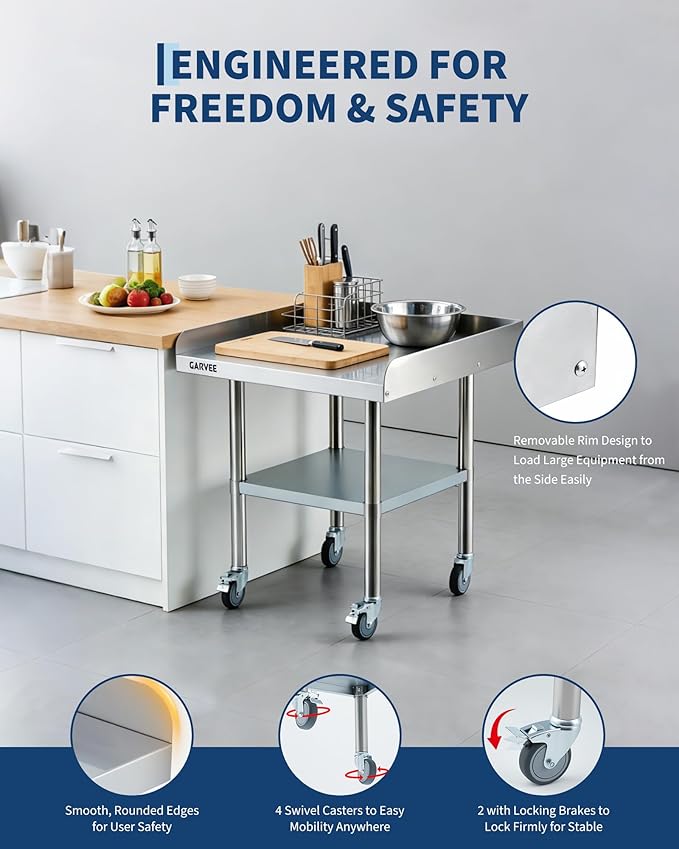 Garvee Stainless Steel Work Table, 24x30x26 Inch Commercial Food Prep Worktable with Wheels, Detachable 3-Sided Backsplash & Height-Adjustable Shelf, Heavy Duty Workbench for Kitchen Restaurant Garage