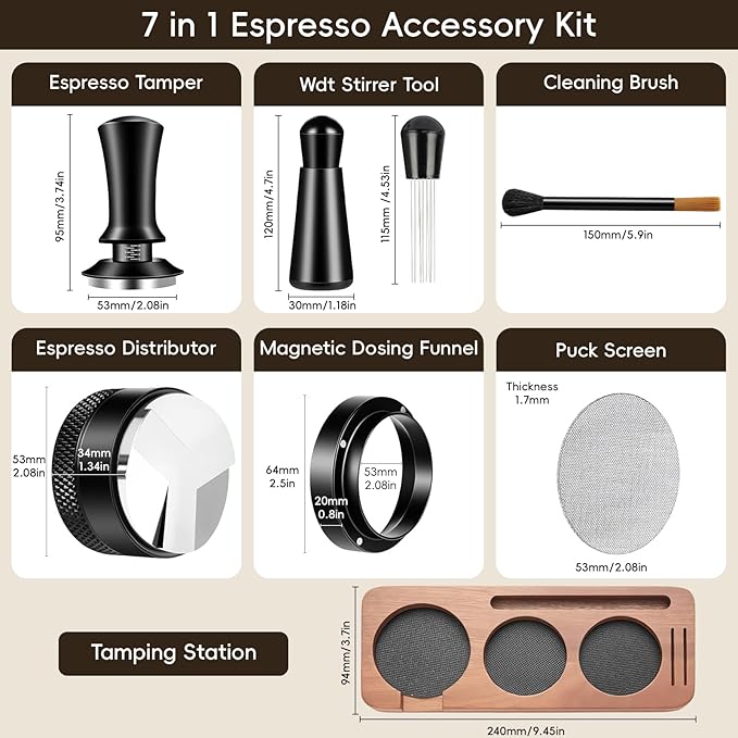 7 Pcs 54mm Espresso Tamper Tools Accessories Kit for Coffee WDT Tool Accessories Set Coffee Tamper Set with Wood Espresso Tamping Station Distributor Dosing Funnel Stirrer Brush Puck Screen -54mm