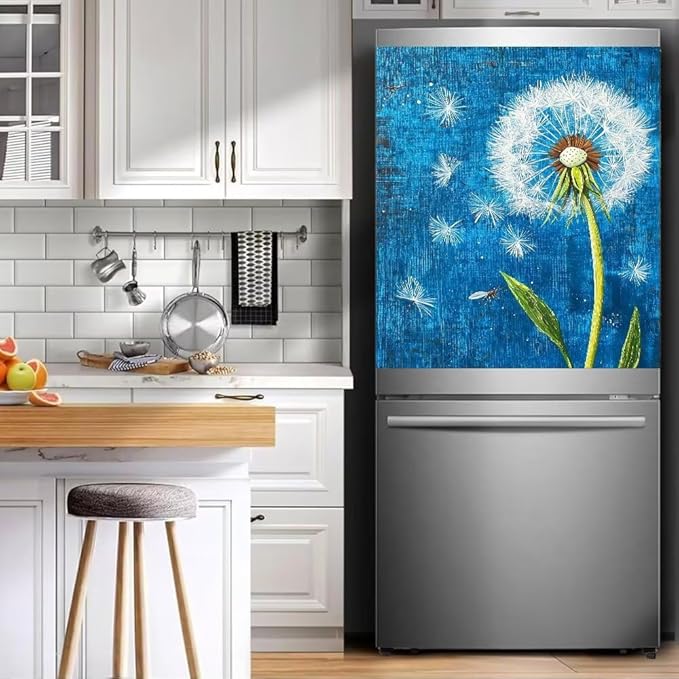 Dandelion Dishwasher Magnet Cover, Rustic Farmhouse Refrigerator Magnetic Vinyl Sticker for Dishwasher Door, Floral Decorative Kitchen Appliance Panel Decal, 23Wx26H Inches