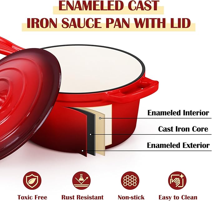 E-far Enameled Cast Iron Sauce Pan with Lid, 1 Quart Dutch Oven Saucepan, Mini Sauce Pot for Cooking, Boiling, Healthy & Non Toxic, Induction & Oven Safe, Red