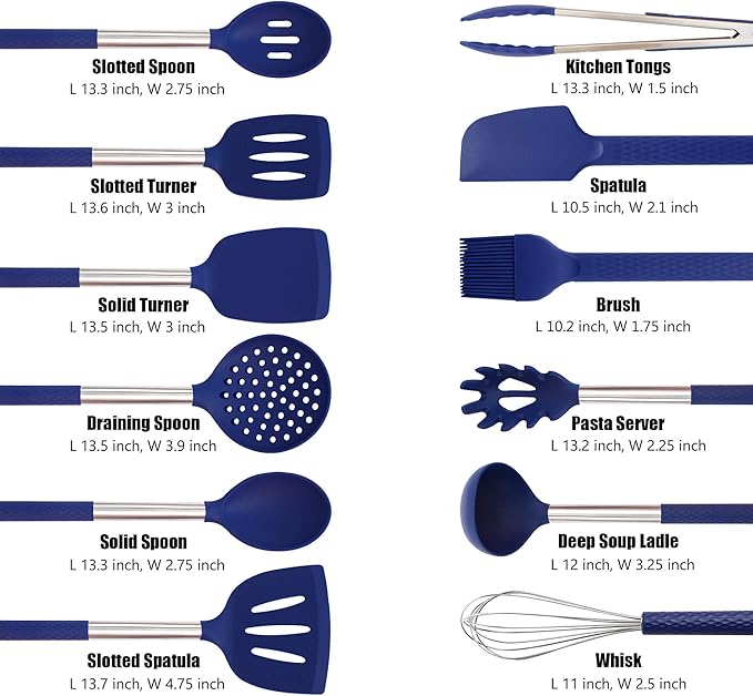 Silicone Kitchen Utensils Set - 28 Pieces Cooking Utensils Set Non-Stick Heat Resistance Silicon with Stainless Steel Handle - Royal Blue