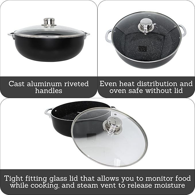 IMUSA 9.0qt Bistro-Cera Aluminum Speckled Black Ceramic Caldero with Glass Lid, Black