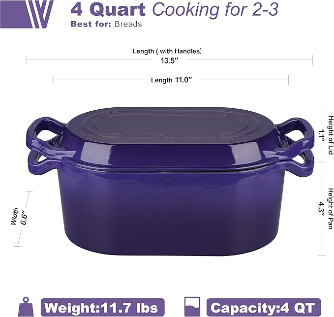 Oval Dutch Oven Pot with Lid, Enamel Coating Cast Iron Bread Pans for Homemade Sourdough Bread Baking, Cooking, 4 Quart, Purple
