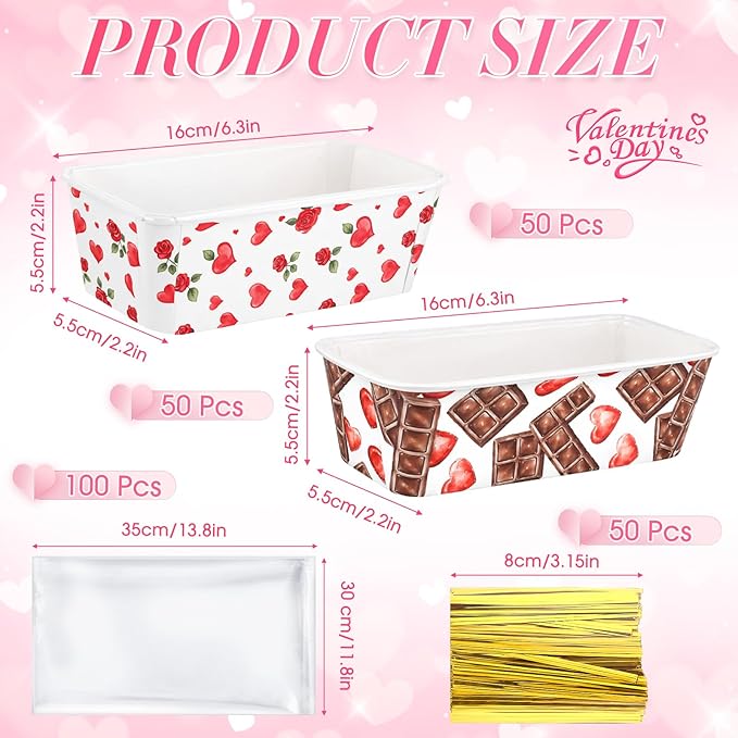 Honeydak 100 Sets Mini Loaf Baking Pans Bulk Paper Loaf Pans for Baking 6.3 x 2.2 x 2.2 in Romantic Disposable Serving Tray Heart Rose Chocolate Pattern Party Supplies (Valentine)