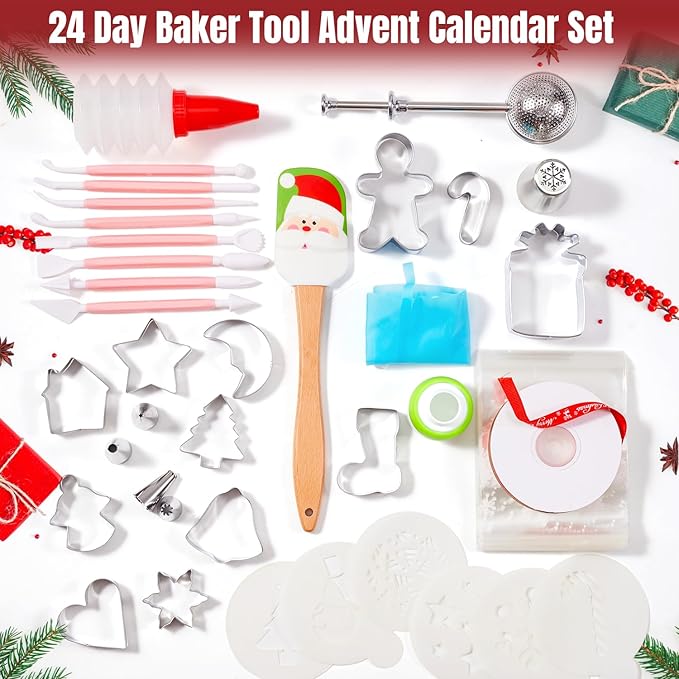 Baking Tool Advent Calendar Adult Women, 24 Day Christmas Countdown Calendar with Assorted Christmas Cookie Cutters Baking Supplies Gift for Beginners