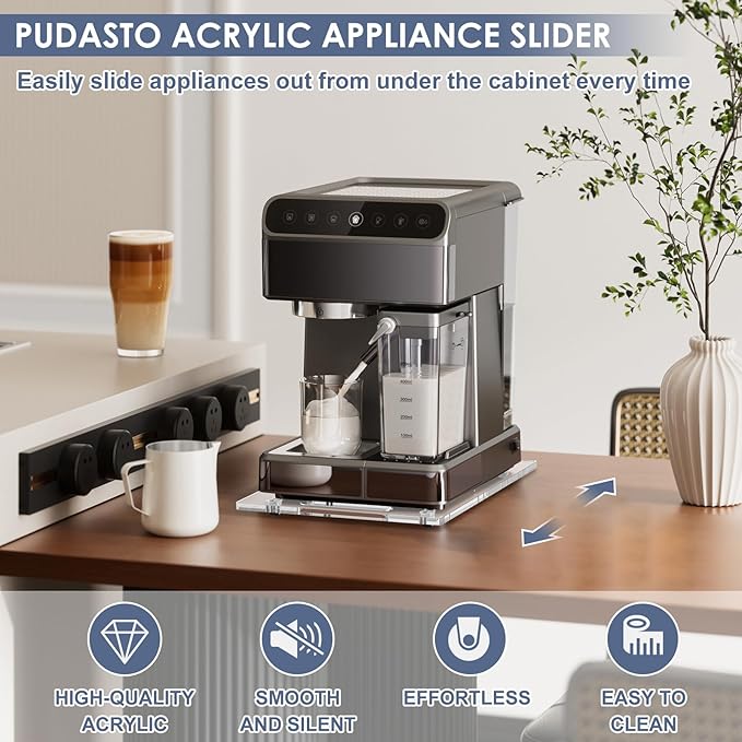Sliding Tray for Coffee Maker, 9.8" x 14" Acrylic Appliance Sliders with Rubber Wheels, Coffee Pot Slider Tray for Countertop Moving, Stand Mixer, Toaster & Heavy Kitchen Appliances (Clear)