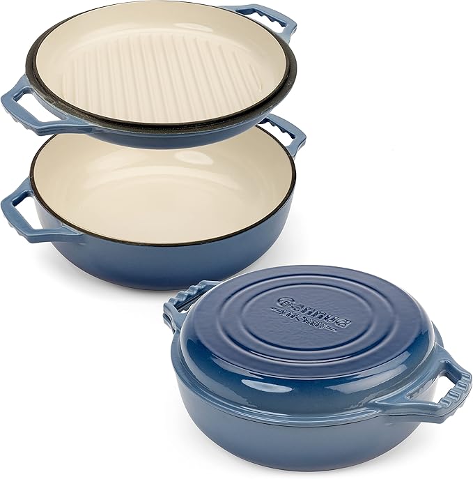 2-in-1 Enameled Cast Iron Braiser Pan with Grill Lid - 3.3-Quart Small Dutch Oven, Serves as Both Casserole & Stovetop Grill Pan, Cast Iron Cookware