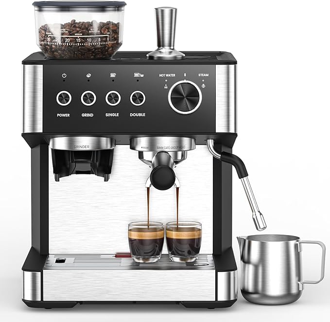Espresso Machine 15 Bar with Built-in Anti-Clog Coffee Grinder,Stainless Steel Coffee Maker with 77.8 oz Removable Water Tank for Cappuccino/Latte,Home&Office,Black