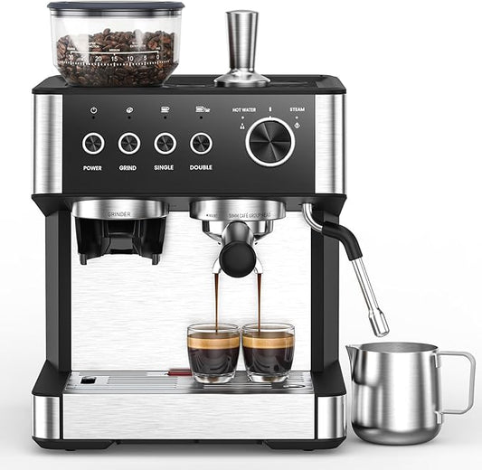 Espresso Machine 15 Bar with Built-in Anti-Clog Coffee Grinder,Stainless Steel Coffee Maker with 77.8 oz Removable Water Tank for Cappuccino/Latte,Home&Office,Black