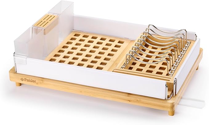 Polder Harmony Dish Rack, Sturdy Dish Drying Rack with 2 Open-Pattern Drain Trays, Dish Racks for Kitchen Counter, Drying Rack for Kitchen Storage, 19.6" x 13.5" x 6.2", White