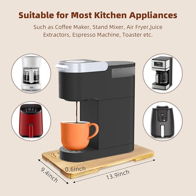 360° Rolling Tray Bamboo Appliance Slider, Appliance Sliders for Kitchen Appliances Sliding Tray for Coffee Maker Appliances Mat Easily from Under The Cabinet Wood(13.9"×9.4")