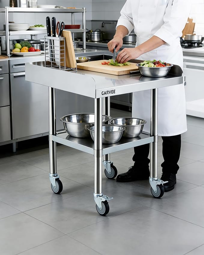 Garvee Stainless Steel Work Table, 24x36x26 Inch Commercial Food Prep Worktable with Wheels, Fixed 3-Sided Backsplash & Height-Adjustable Shelf, Heavy Duty Workbench for Kitchen Restaurant Garage