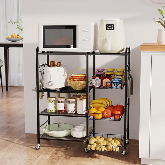 HapiRm Rolling Kitchen Microwave Cart - 4 Tier Microwave Table Stand with Pull-Out Baskets, Coffee Bar Baker's Rack with Wheels Rolling Storage Cart Organizer Shelf for Living Room Office, Balcony