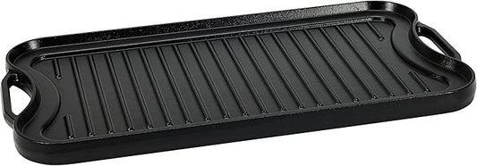 Amazon Basics Pre-Seasoned Cast Iron Reversible Rectangular Grill/Griddle with Even Heat Distribution, Black, 20 x 10.63 x 0.98 inch