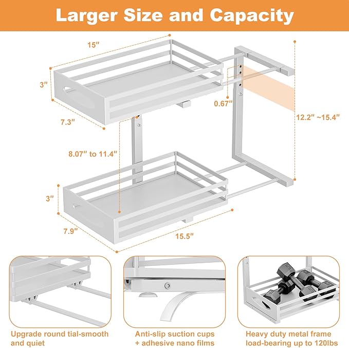 Under Sink Organizer, 2 Tier Under Sink Organizers and Storage, Adjustable Height, Slide out Metal Cabinet Organizers, Pull out Cabinet Storage Drawer Shelf for Kitchen Bathroom White 1Pack