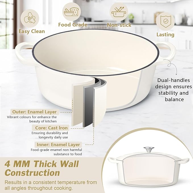 P&P CHEF Oval Dutch Oven with Lid, Enameled Cast Dutch Oven Pot for Bread Baking, Braising, Stewing, Roasting, Non-Stick & Oven Safe, Dual Handles & Easy Clean, 5QT & White, Valentine's Day