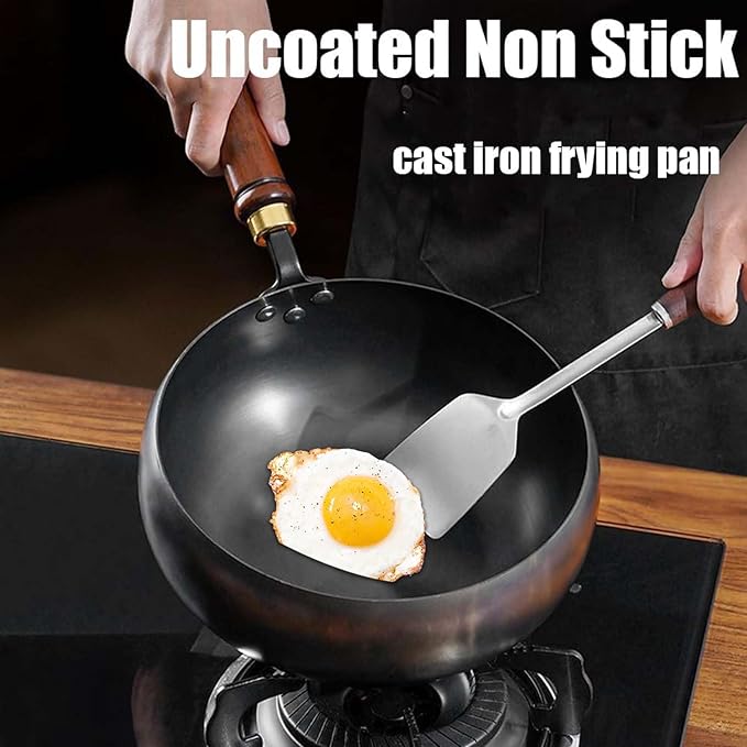 Uncoated Thick Iron Pot, Japanese Iron Pots for Cooking, Uncoating Cast Iron Pot, Non-Stick Cast Irons Wok with Lid, high Purity Irons Frying Pan for Cooking (Hammer-Glass Cover, M-9.5 in)