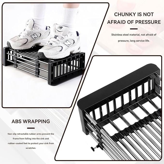Cyrank Over The Sink Dish Drying Rack, Expandable Over Sink Grill Telescopic Drain Basket Kitchen Rack Drain Basket Sink Drying Rack(L#Black)