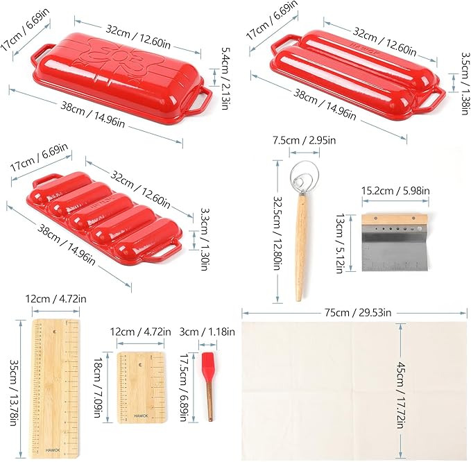 HAWOK Enameled Cast lron Baguette Bread Baker, 3-in-1 Baking Set with Full Baguette Tray, 5-Slot Mini Roll Tray & Reversible Lid Pan, 15 x 6.7 inch, Red