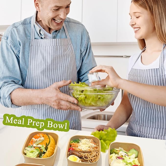 MINCOCO 50 Count Paper Bowls Disposable Meal Prep Containers with Lids【Includes 50 Wooden Forks + 100 Labels】 Salad Food Containers Freezer & Microwave Safe Leakproof Soup Bowls (19 Ounce, 50-Count)