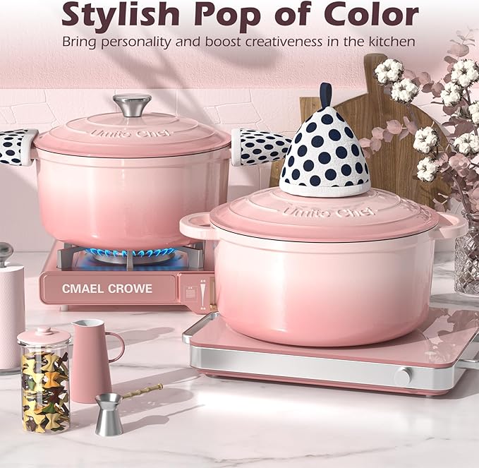 Umite Chef Enameled Cast Iron Dutch Oven-7QT Pot with Lid Cookbook & Cotton, Heavy-Duty Cookware for for Bread Baking, Braising, Stews, Marinate, Cook(Pink)