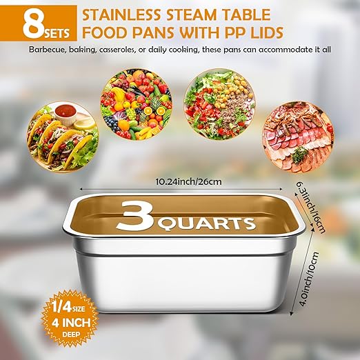 8 Pcs 304 Stainless Steel Food Storage Containers with Lid Hotel Pans for Kitchen Home Catering Food Prep Restaurant Buffet Hotel(4 Inch Deep)