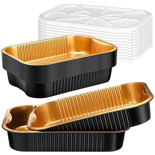 Baderke 20 Set 9x13 Heavy Duty Aluminum Pans with Lids Double Thick Aluminum Foil Baking Pan Food Container for Heating Cooking Meal Prep Storage Freezer and Takeout (Black Gold)