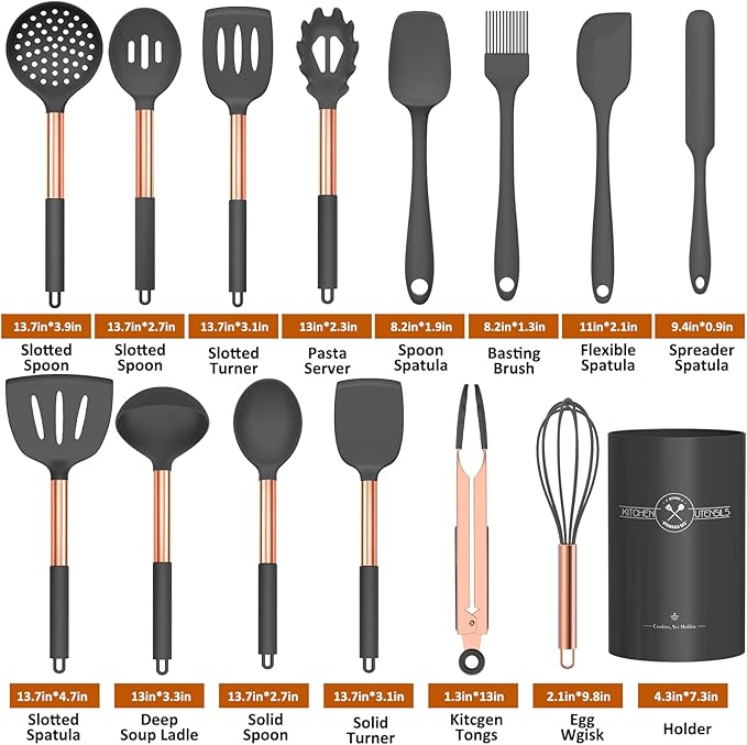 Silicone Cooking Utensil Set, Umite Chef Kitchen Utensils 15pcs Cooking Utensils Set Non-stick Silicone Rose Gold Handle Cooking Tools Whisk Kitchen Tools Set -Grey