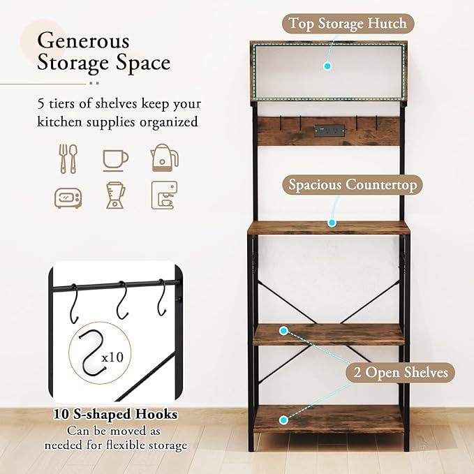 POWERSTONE Kitchen Bakers Rack with Power Outlet, 5-Tier Coffee Bar Cabinet Microwave Stand with 10 S Hooks, Organizers and Storage for Kitchen, Living Room, Balcony & Office