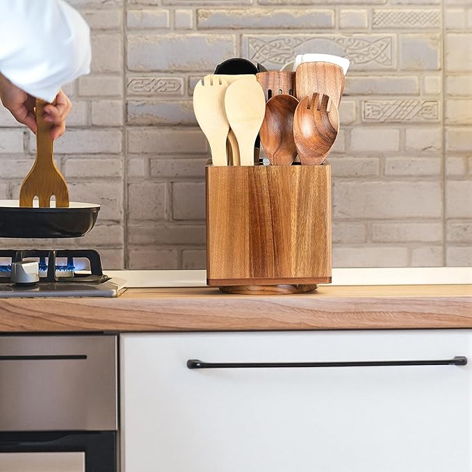 Acacia Wood Extra Large Rotating Utensil Holder for Kitchen Counter, Wooden Utensil Holder with 4 Compartments