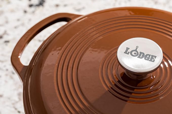 Lodge Essential Enamel Cast Iron Dutch Oven - Perfect for Bread Baking, Braising, Marinating & Slow Cooking - Features Moisture-Sealing Lid & Dual Handles - Kitchen Essentials - 6 Quarts - Burnt Sienna