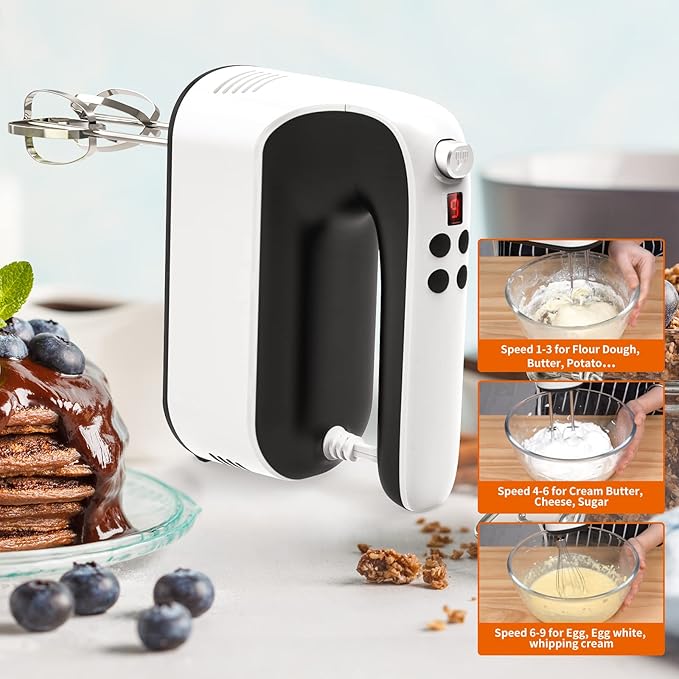 9-Speed Digital Hand Mixer Electric, 400W Powerful DC Motor, Hand Mixer Electric Handheld with Snap-On Storage Case, 5 Stainless Steel Accessories, Beaters, Dough Hooks, Whisk(White/Black)