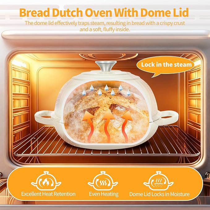 ONKO Dutch Oven For Sourdough Bread Baking, 6QT Enameled Cast Iron Dutch Oven Pot With Lid, Non-stick Sourdough Baking Pan with Bread Dome, Round Ceramic Dutch Ovens Pot with Cloche for Homemade