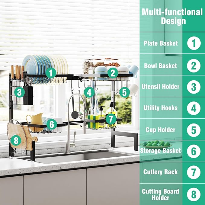 Over The Sink Dish Drying Rack Adjustable (Length and Height) Large Dish Rack, 2-Tier 4 Baskets Stainless Steel Dish Drainers for Kitchen Counter, 26-33.5L x 11.8W x 21.6-23.2H Inches