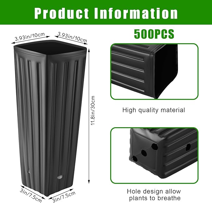Nuenen 500 Pcs Tall Tree Pot Plastic Deep Plant Nursery Pots Black Seedling Treepots Flower Plant Container with Drainage Holes for Indoor Outdoor Gardening (11.8" H X 3.9" W)