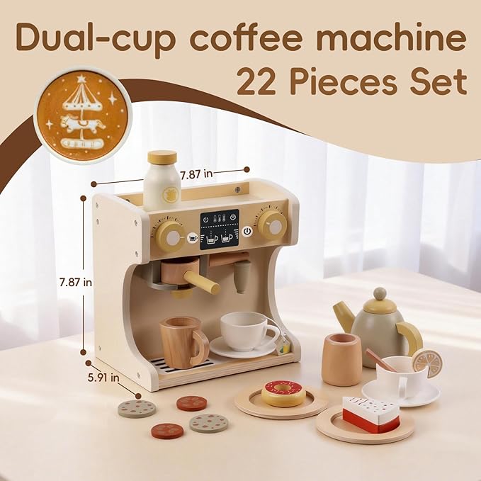 Freniland Wooden Coffee Maker Playset for Toddlers, Deluxe Pretend Espresso Machine with Accessories, Montessori Kitchen Toy for Kids Ages 3Y+
