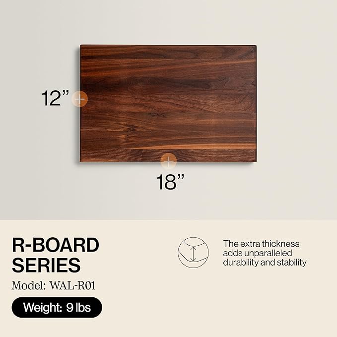 John Boos R-Board Series Rectangular Wooden Walnut Cutting Board 18”x12” – 1.5” Thick, 9-lb Reversible Butcher Block with Edge-Grain & Finger Grips – Made in the USA