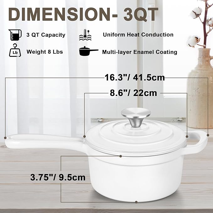 3 Quart Saucepan with Lid, Leonyo Enameled Cast Iron Sauce Pan, Heavy Duty Cast Iron Pot Dutch Oven Kitchen Cookware for All Cooktops Making Pasta, Milk, Egg- Up to 500°F & 8Lbs, White