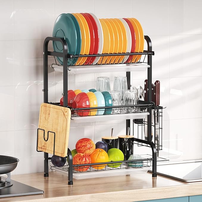 Dish Drying Rack - Warmfill 3 Tier Dish Rack Rustproof Stainless Steel Large Capacity with Utensil Holder, Cutting Board Holder and Dish Drain Rack for Kitchen Counter,Black