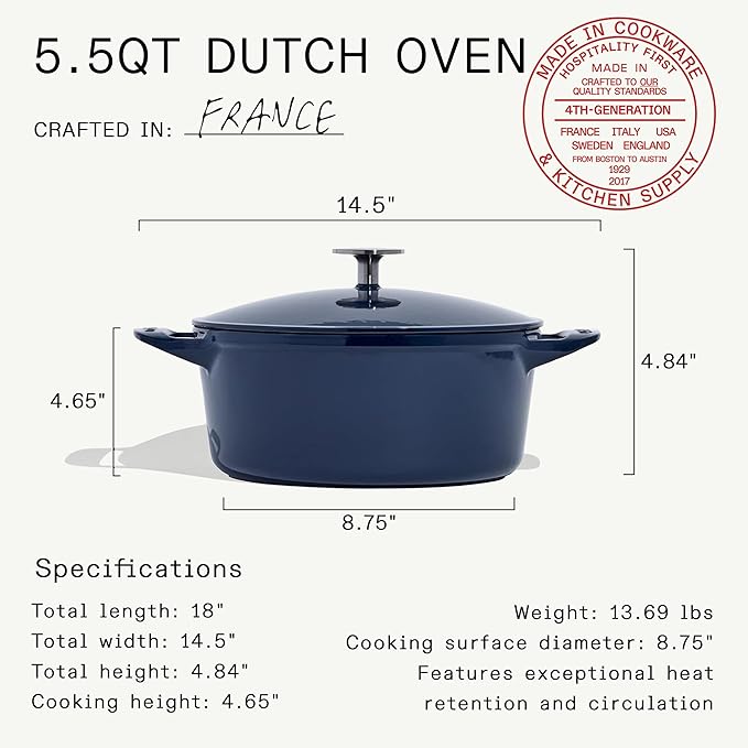 Made In Cookware - Dutch Oven 5.5 Quart - Blue - Enameled Cast Iron - Exceptional Heat Retention & Durability - Professional Cookware - Crafted in France - Induction Compatible