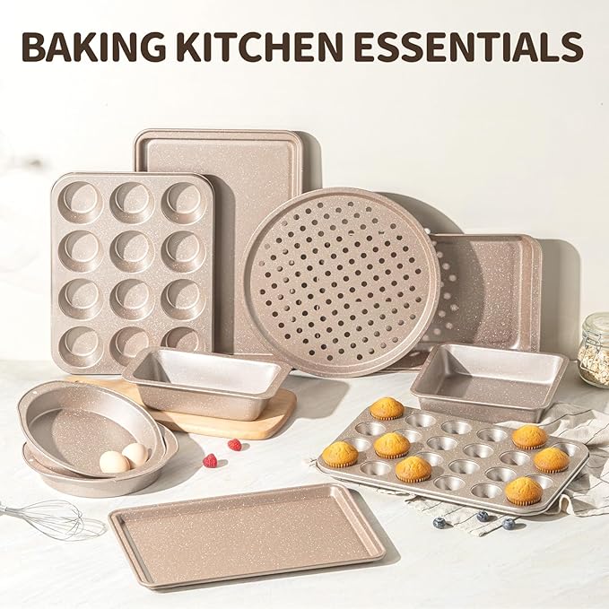 10-Piece Baking Pans Set, Bakeware Sets Nonstick, Baking Set for Oven Cooking, Stackable Carbon Steel Pans Include Cookie Sheets, Muffin Pan, Cake Pan, Pizza Pan, Loaf Pan, Roasting Pan, Gold