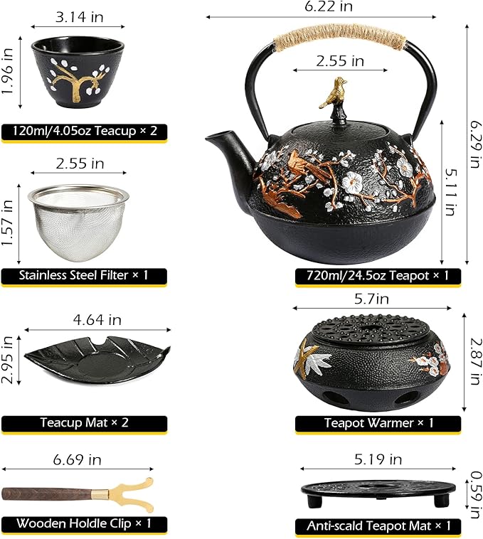 Dyna-Living Cast Iron Teapot with Warmer Japanese Tea Kettle 720ml/24.5oz Japanese Cast Iron Teapot Set with 2 Tea Cups Tea Pot with Infuser Tea Kettle for Wood Stove or Stovetop