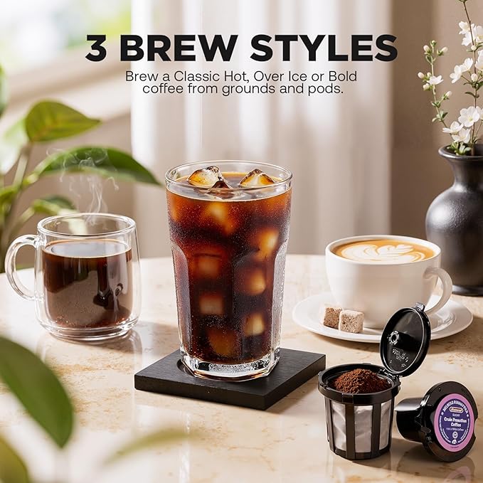 Single Serve Coffee Maker Hot and Iced with Bold Brew, Small Coffee Machine for K Cup and Ground, Fits 7.3'' Travel Mug, Brews up to 16 Oz, 5 Cup Sizes, Compact for Office, RV& Hotel, Lavender
