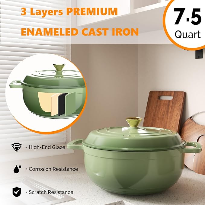 ROVSUN Enameled Cast Iron Round Dutch Oven, 7.5QT Pot with Lid &Dual Handles with Silicone Gloves,Oven Safe up to 500°F, Heavy-Duty Pre-Seasoned Cookware for Bread Baking, Braising, Stews, Roasting, Sage Green