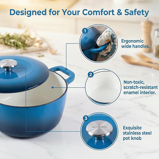 7QT Enamel Cast Iron Dutch Oven with Lid,Dual Handles,Versatile Heavy-Duty Non-toxic Cookware for Sourdough Bread Baking,Braising,Stews,Roasting,Oven Safe up to 500°F blue