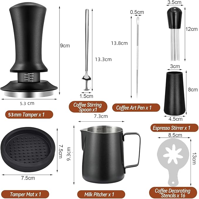 22 PCS Espresso Accessories Kit，53mm Coffee Tamper Set ，Barista Kit - with Frothing Pitcher WDT Tool Stirrer Tamper Mat Coffee Stencils Latte Art Pen Fits for54mm Portafilters