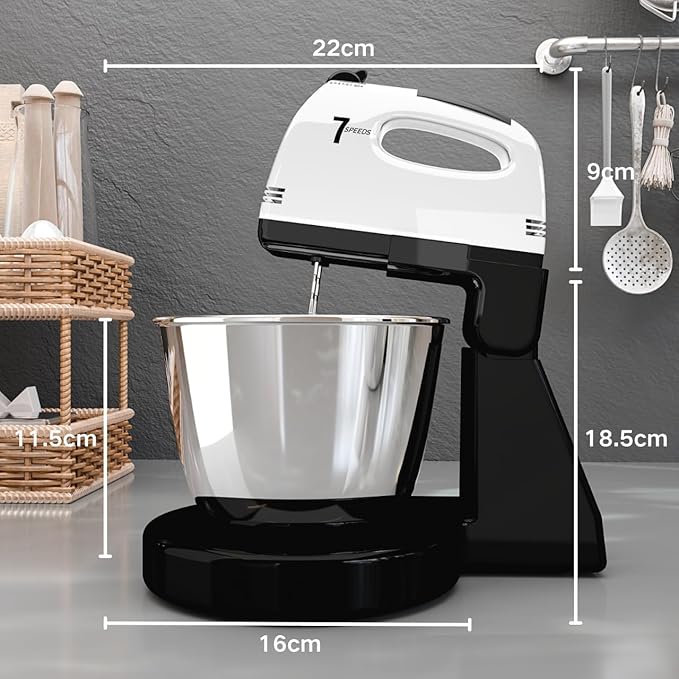 Stand Mixers, 7 Speeds With 3QT Stainless Steel Bowl, Stand and Hand Mixer with Dough Hook, Whisk, Mixing Beater for Baking, Cake, Cookie, Kneading (IM9)
