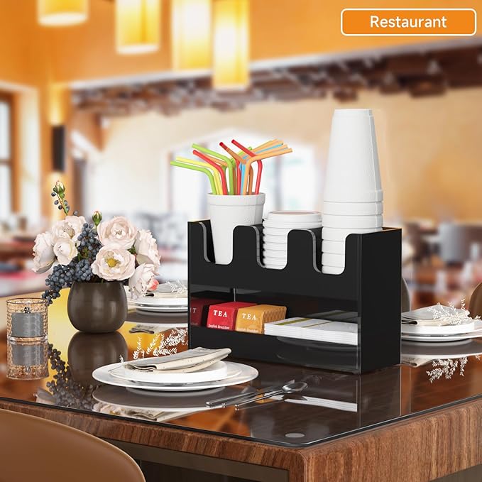 Beego 4-Compartment Cup Holder for Countertop - 2-Tier Black Acrylic Cup Dispenser Coffee Station Paper Cup and Lid Organizer Condiment Storage for Restaurant Breakroom Kitchen Bar Accessories